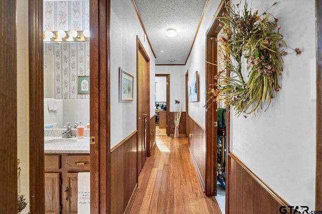 5626 Meadowdale Rd, Flint, TX 75762 - corridor with wainscoting, light wood-type flooring, and a textured ceiling