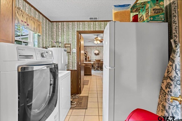 5626 Meadowdale Rd, Flint, TX 75762 - washroom with wallpapered walls, water heater, light tile patterned floors, ceiling fan, and a textured ceiling