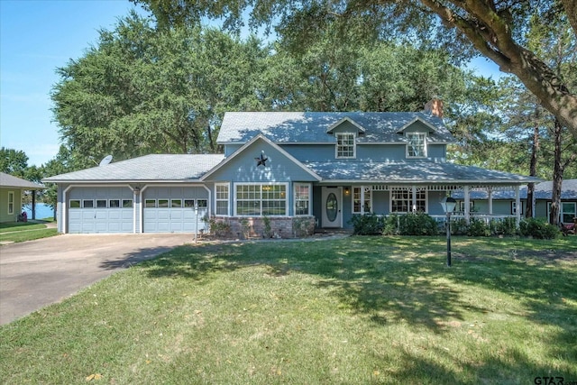 2222 County Road 1570, Alba, TX 75410 - view of front facade featuring concrete driveway, an attached garage, a chimney, a front lawn, and covered porch