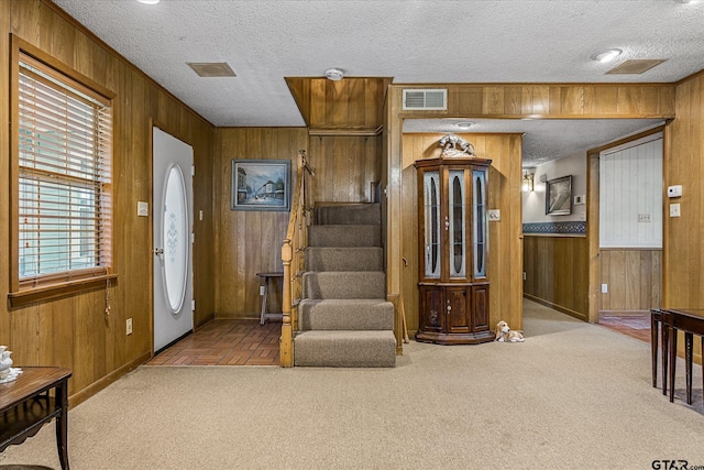 2222 County Road 1570, Alba, TX 75410 - foyer entrance with wooden walls, a textured ceiling, carpet floors, and baseboards