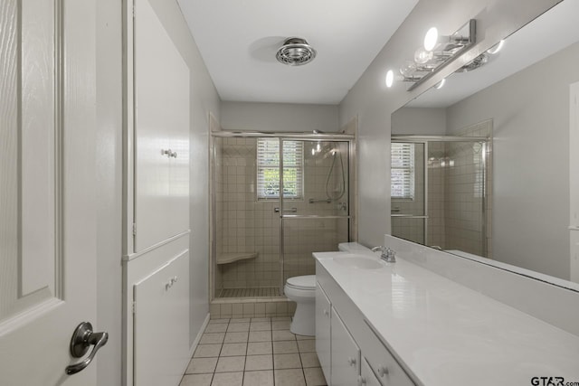 909 Elizabeth St, Gilmer, TX 75644 - bathroom featuring tile patterned floors, a shower stall, toilet, and vanity