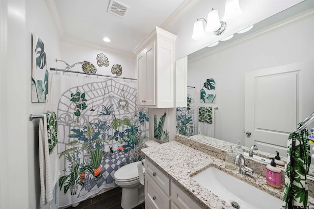 bathroom with vanity, ornamental molding, toilet, and a shower with shower curtain