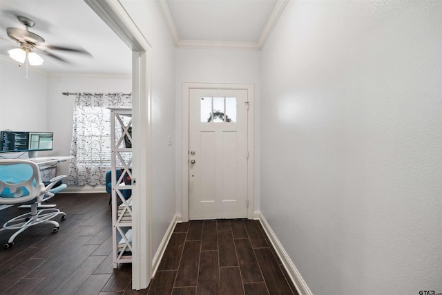 entryway with ceiling fan, ornamental molding, and plenty of natural light