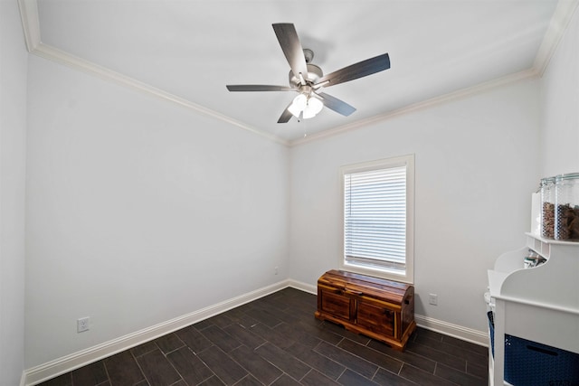 interior space with ceiling fan, ornamental molding, and dark hardwood / wood-style flooring