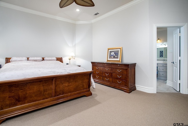 bedroom featuring baseboards, visible vents, light colored carpet, crown molding, and recessed lighting