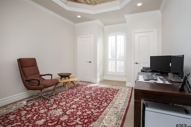 home office featuring baseboards, ornamental molding, and recessed lighting