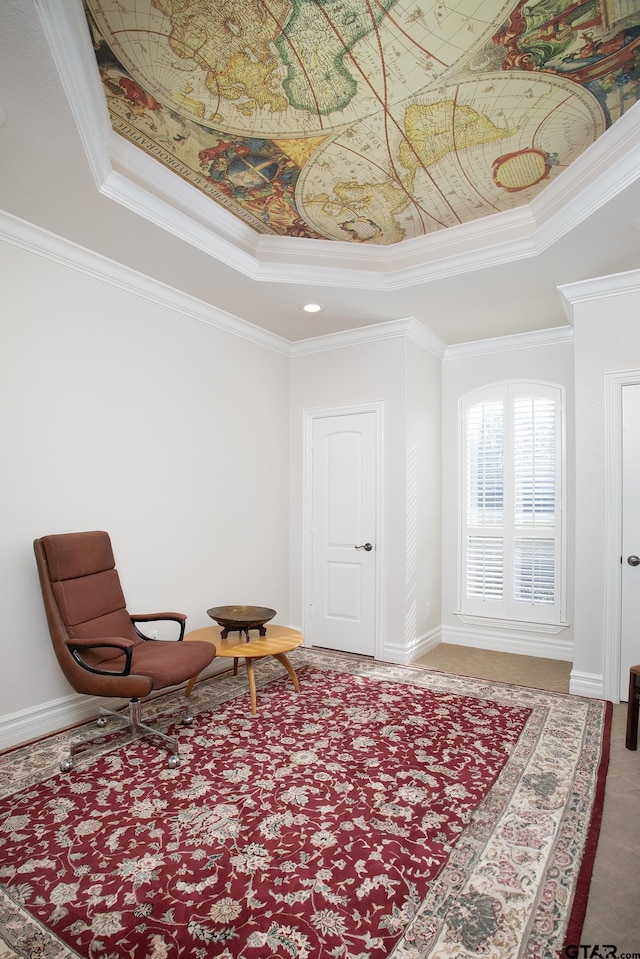 sitting room with carpet floors, baseboards, a tray ceiling, and ornamental molding