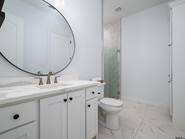 bathroom with a marble finish shower, visible vents, toilet, marble finish floor, and vanity