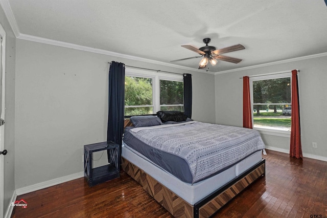 bedroom featuring multiple windows, dark hardwood / wood-style flooring, and ceiling fan