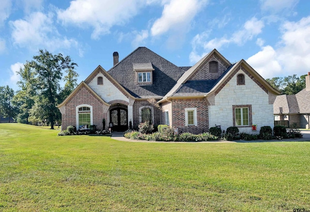 view of front facade with a chimney, roof with shingles, brick siding, a front lawn, and stone siding