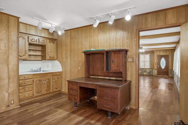 office featuring a sink, visible vents, wood walls, and dark wood-style flooring