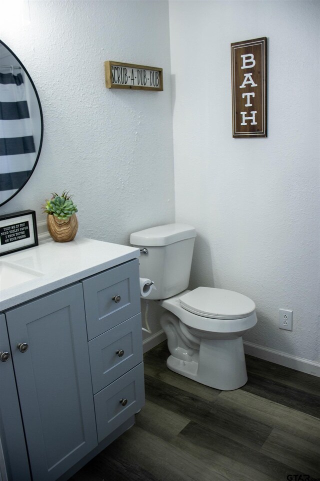 bathroom with toilet, vanity, and wood-type flooring