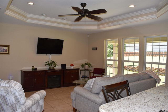 17387 Cherokee Trl, Flint, TX 75762 - living room with a raised ceiling, ceiling fan, light tile patterned floors, ornamental molding, and recessed lighting
