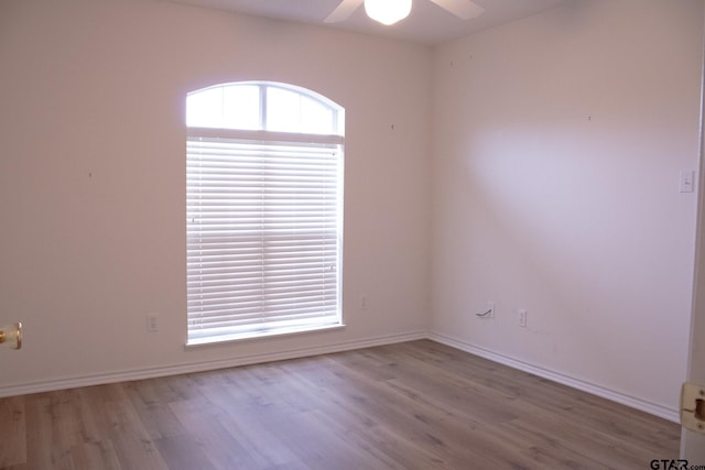 spare room with light hardwood / wood-style floors and ceiling fan