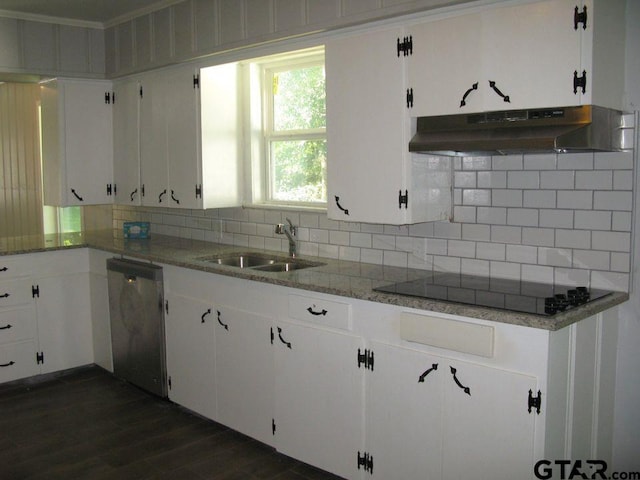 kitchen featuring light stone counters, white cabinetry, sink, stainless steel dishwasher, and black electric cooktop