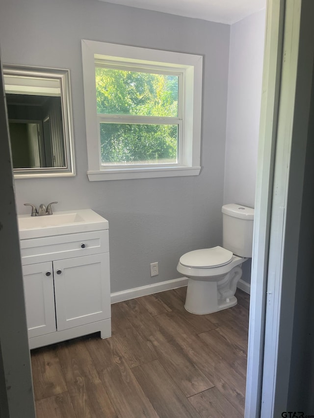 bathroom with hardwood / wood-style floors, vanity, and toilet