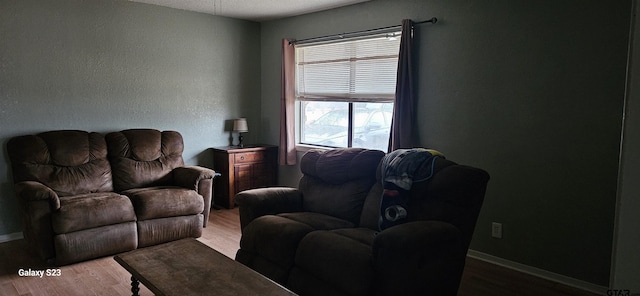 living room with hardwood / wood-style floors and a textured ceiling