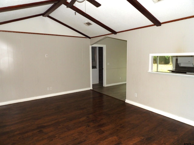 unfurnished living room with vaulted ceiling with beams, dark hardwood / wood-style floors, and ceiling fan