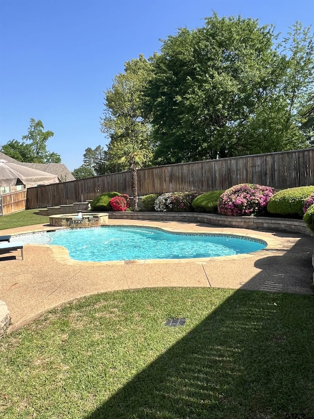 view of swimming pool featuring a fenced in pool, a lawn, a patio, and a fenced backyard