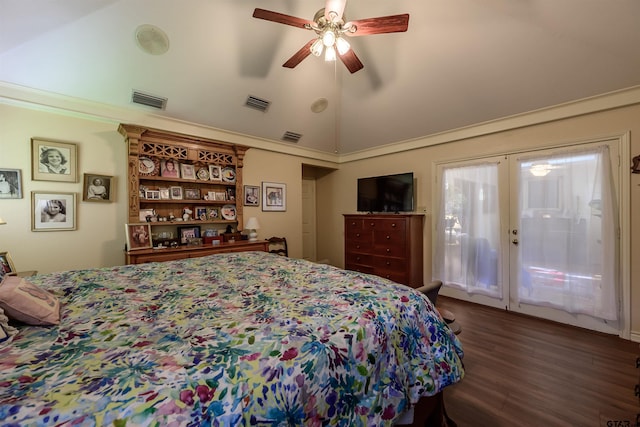 3805 Allendale Dr, Tyler, TX 75701 - bedroom featuring access to outside, high vaulted ceiling, dark wood-style floors, ceiling fan, and french doors