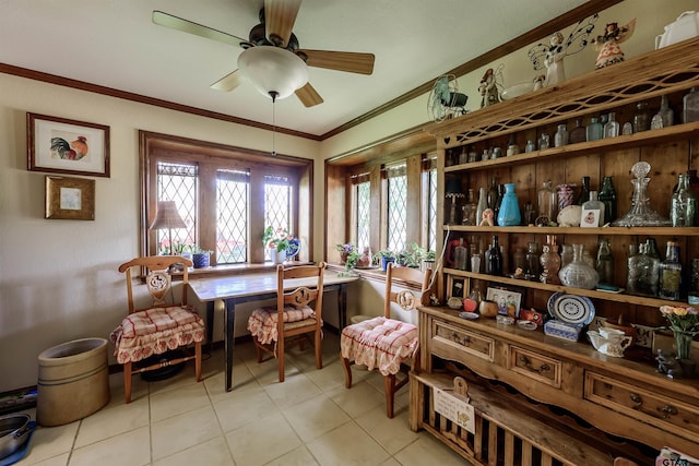 3805 Allendale Dr, Tyler, TX 75701 - living area featuring light tile patterned flooring, ceiling fan, and ornamental molding
