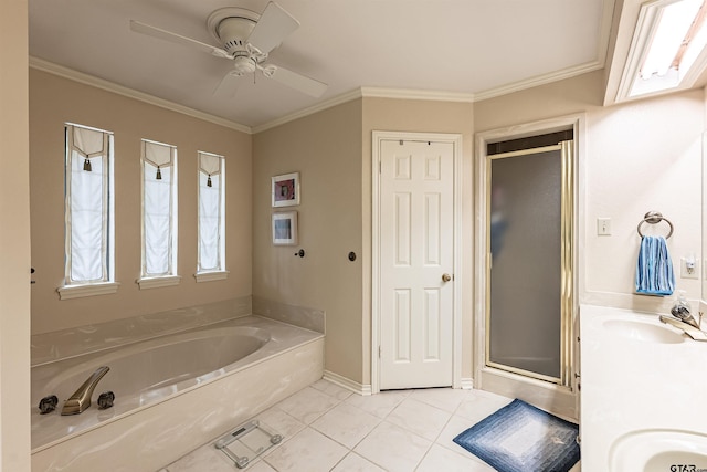 3805 Allendale Dr, Tyler, TX 75701 - bathroom featuring a stall shower, a garden tub, ceiling fan, ornamental molding, and double vanity