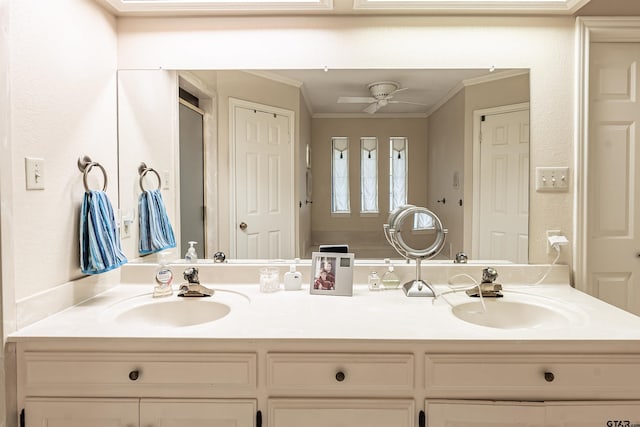 3805 Allendale Dr, Tyler, TX 75701 - bathroom with double vanity, ornamental molding, a ceiling fan, and a shower stall
