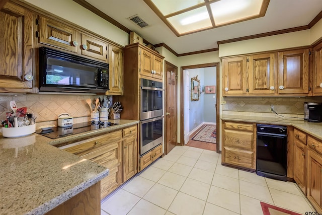 3805 Allendale Dr, Tyler, TX 75701 - kitchen featuring black appliances, light tile patterned floors, backsplash, light stone countertops, and ornamental molding