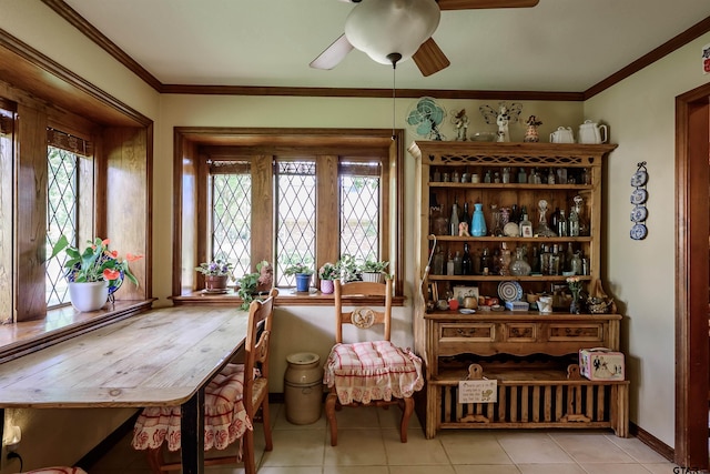 3805 Allendale Dr, Tyler, TX 75701 - living area with healthy amount of natural light, a ceiling fan, light tile patterned floors, and ornamental molding