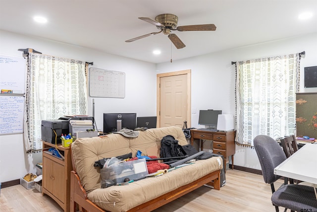 home office with light wood finished floors, baseboards, ceiling fan, and recessed lighting