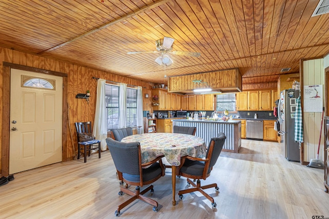 dining space featuring visible vents, light wood-style floors, wood ceiling, and a healthy amount of sunlight