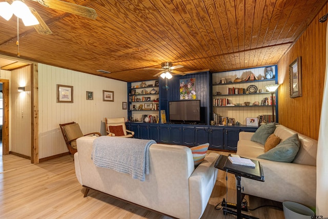 living area with a ceiling fan, wood ceiling, built in shelves, and light wood-type flooring