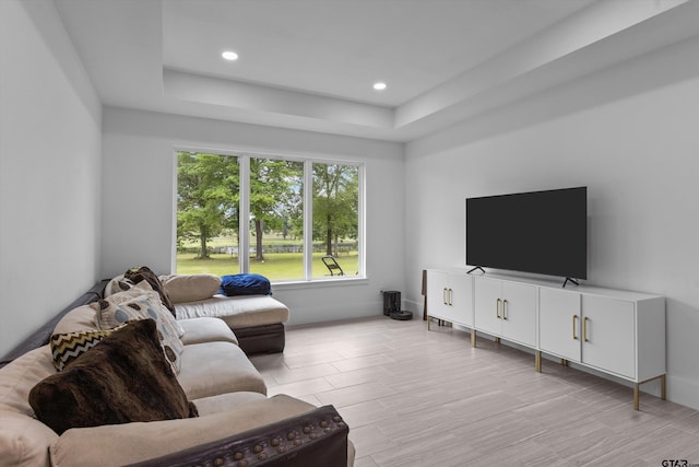 living room featuring light hardwood / wood-style floors and a raised ceiling