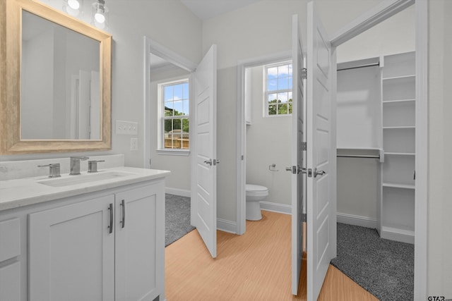 bathroom featuring wood-type flooring, vanity, and toilet