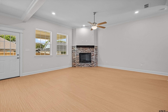 unfurnished living room with a brick fireplace, light hardwood / wood-style floors, ceiling fan, and beam ceiling