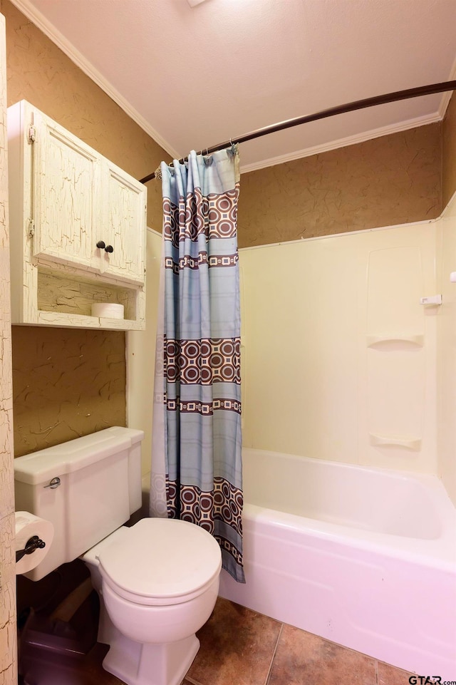 bathroom featuring toilet, ornamental molding, shower / bathtub combination with curtain, and tile patterned flooring