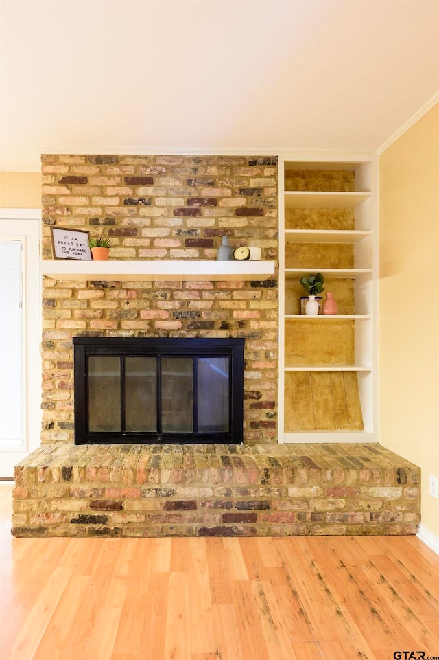 details featuring built in features, crown molding, a fireplace, and wood-type flooring