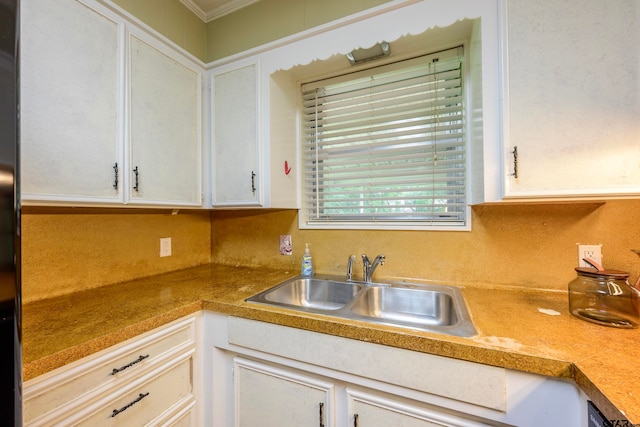 kitchen with decorative backsplash, sink, white cabinets, and ornamental molding