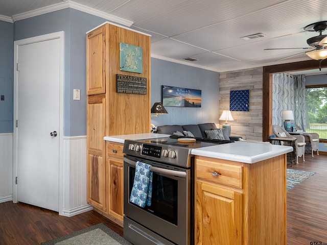 1915 Big Eddy Cir, Chandler, TX 75758 - kitchen featuring stainless steel electric stove, open floor plan, wood walls, ceiling fan, and crown molding