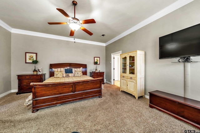 bedroom featuring carpet, ceiling fan, and crown molding