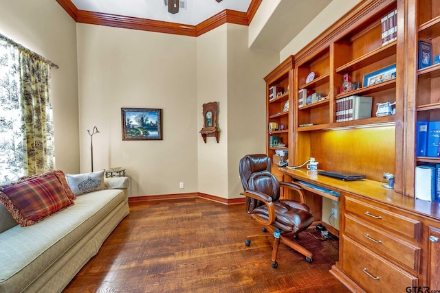 home office featuring dark hardwood / wood-style flooring and ornamental molding