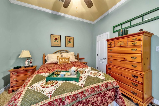 bedroom featuring ceiling fan, carpet flooring, and ornamental molding