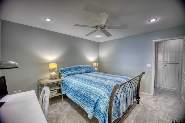 17553 Sleepy Hollow Way, Flint, TX 75762 - bedroom with light carpet, baseboards, ceiling fan, and recessed lighting