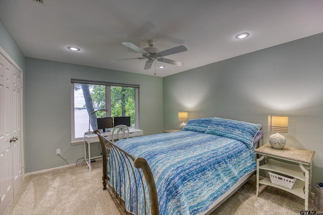 17553 Sleepy Hollow Way, Flint, TX 75762 - bedroom featuring carpet flooring, baseboards, recessed lighting, and ceiling fan