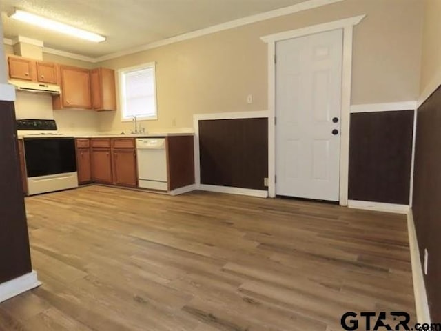 510EMMAST W Emma St, Bullard, TX 75757 - kitchen with light wood finished floors, white appliances, ornamental molding, and a sink