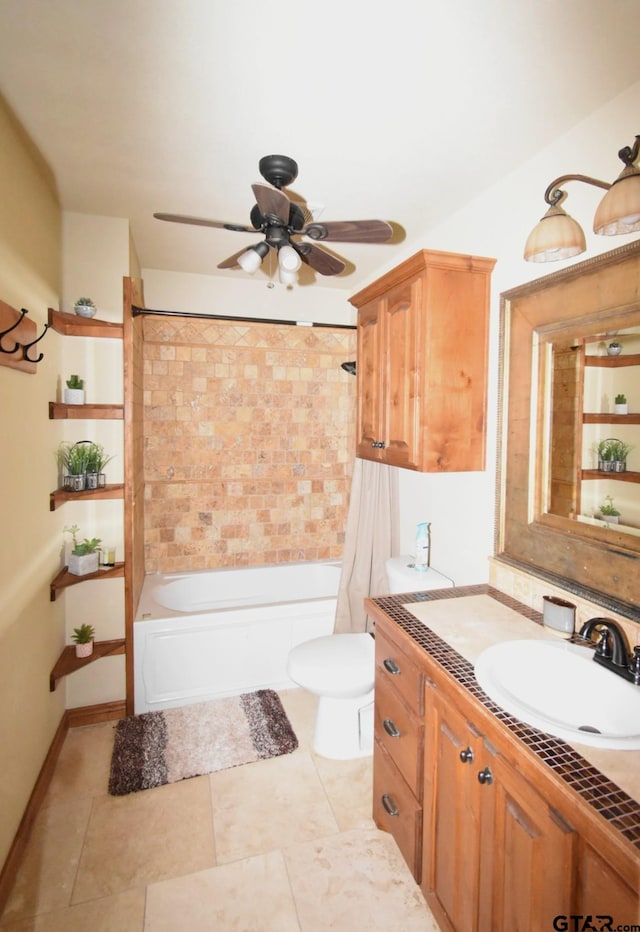 full bathroom featuring tile patterned floors, toilet, vanity, shower / bathtub combination with curtain, and ceiling fan