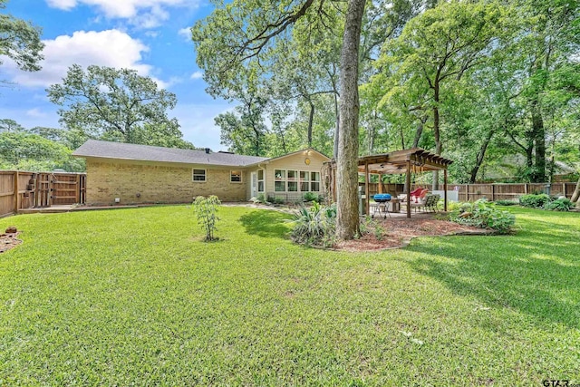 rear view of property with a patio, brick siding, and a pergola