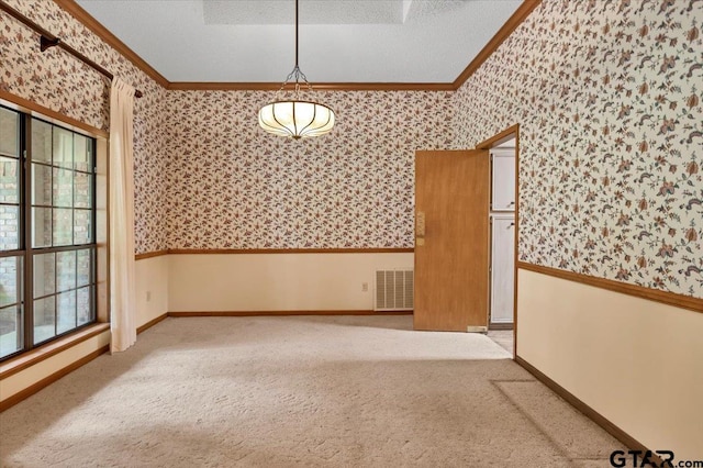 23424BAYSIDE Bay Side Dr, Bullard, TX 75757 - empty room featuring wallpapered walls, ornamental molding, a textured ceiling, and carpet flooring