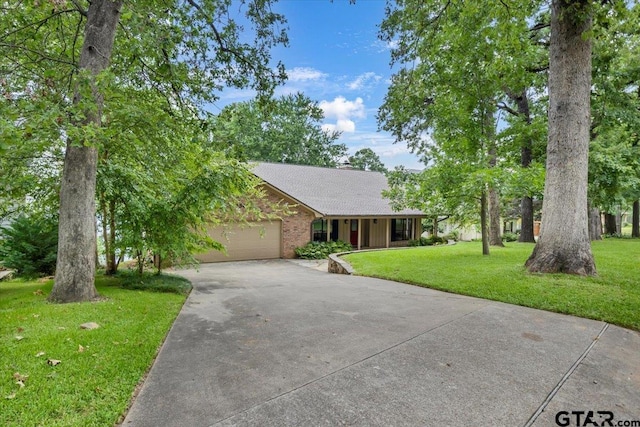 23424BAYSIDE Bay Side Dr, Bullard, TX 75757 - ranch-style house with concrete driveway, a front lawn, a garage, brick siding, and a shingled roof