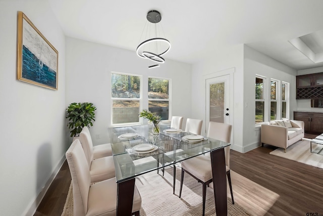 dining room with wood-type flooring, a wealth of natural light, and a chandelier